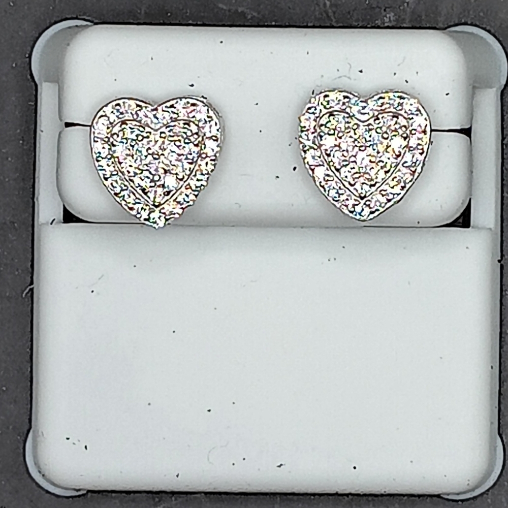 925 STERLING SILVER Iced Out Screw Back Heart Earrings Hip Hop Style Cluster